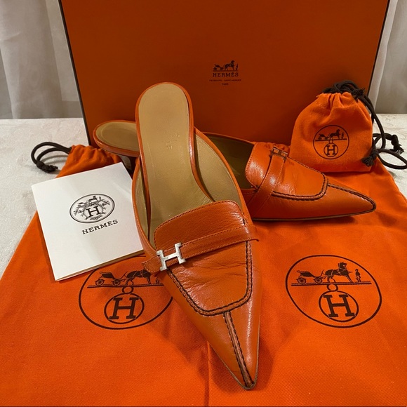 🆕 Hermes “ Orange” iconic kitten heels Mules 👡 - Picture 1 of 10